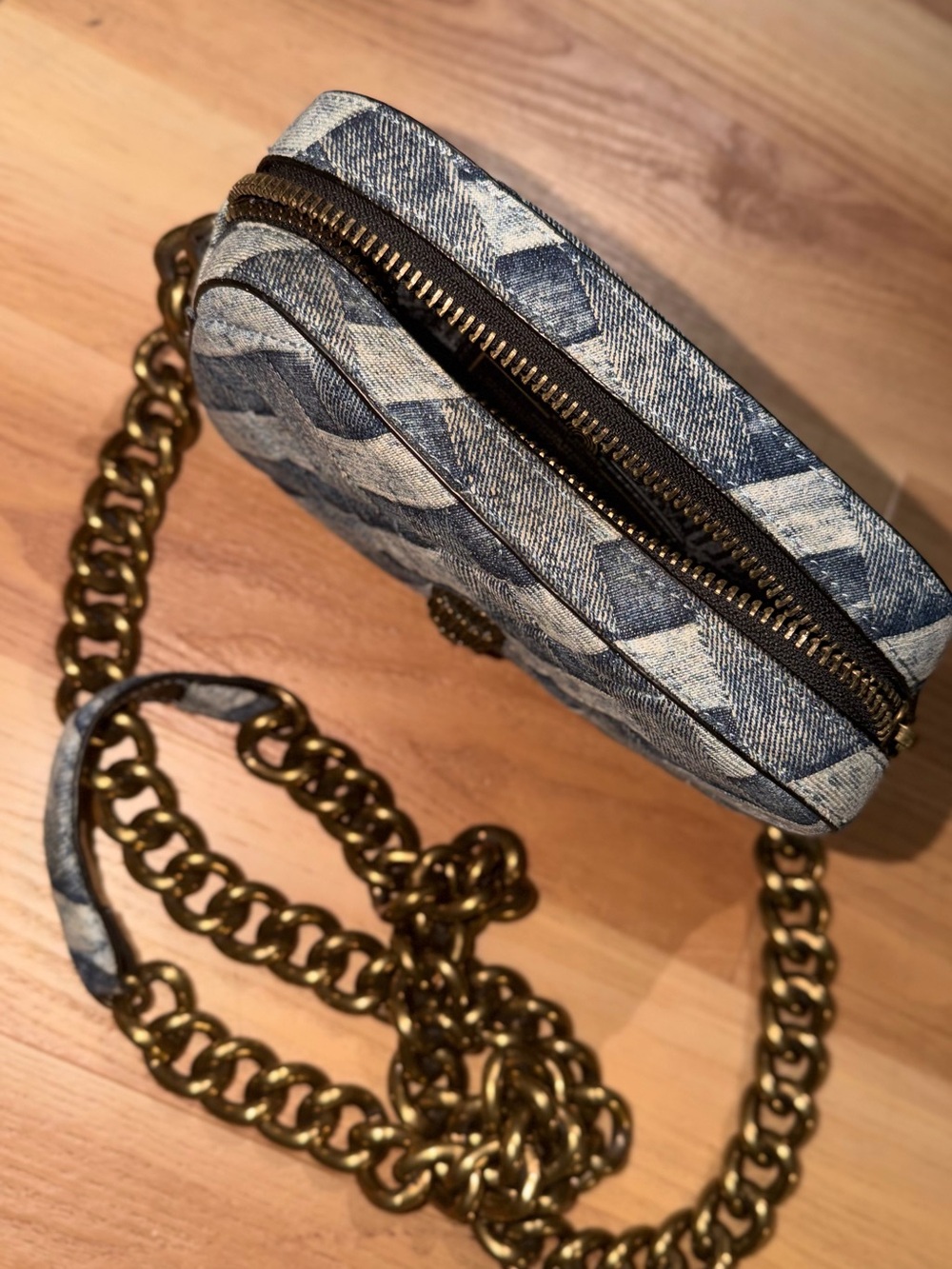Denim Woven Crossbody Bag with Antique Gold Chain - Picture 2 of 3